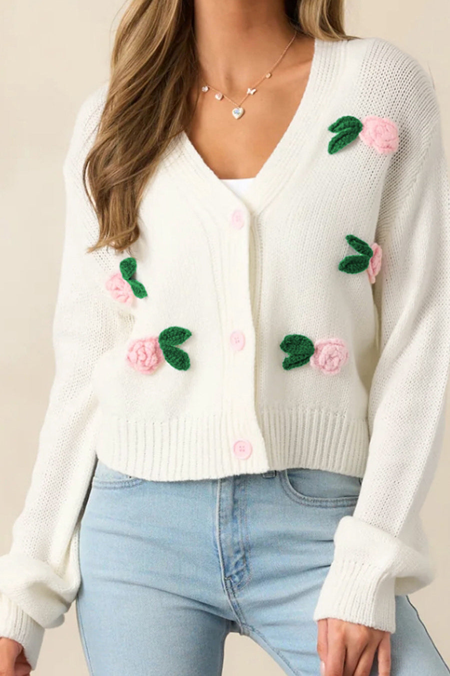 Elegant 3D Flower Buttoned Knit Cardigan for Stylish Comfort
