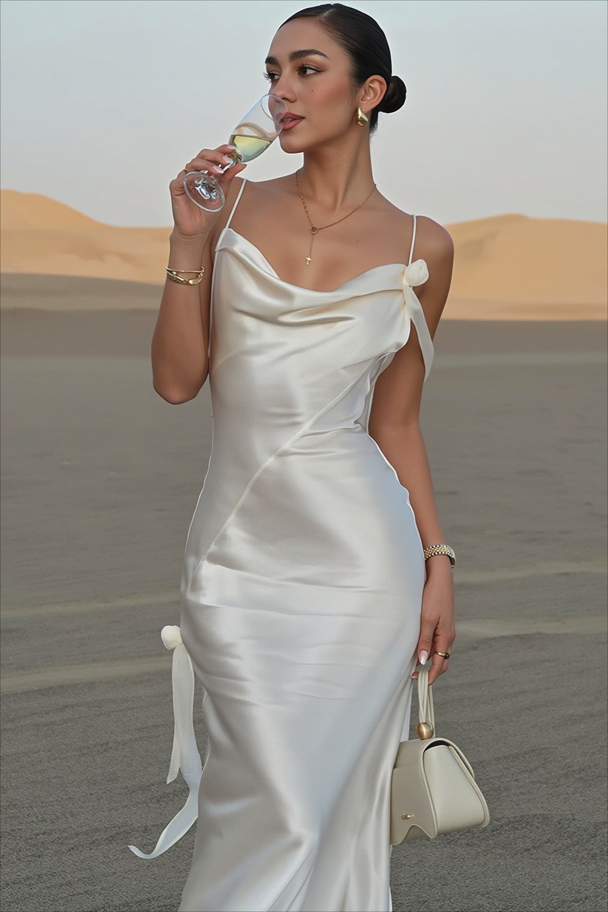 Cowl Neck Spaghetti Strap Bias-Cut Satin Maxi Dress