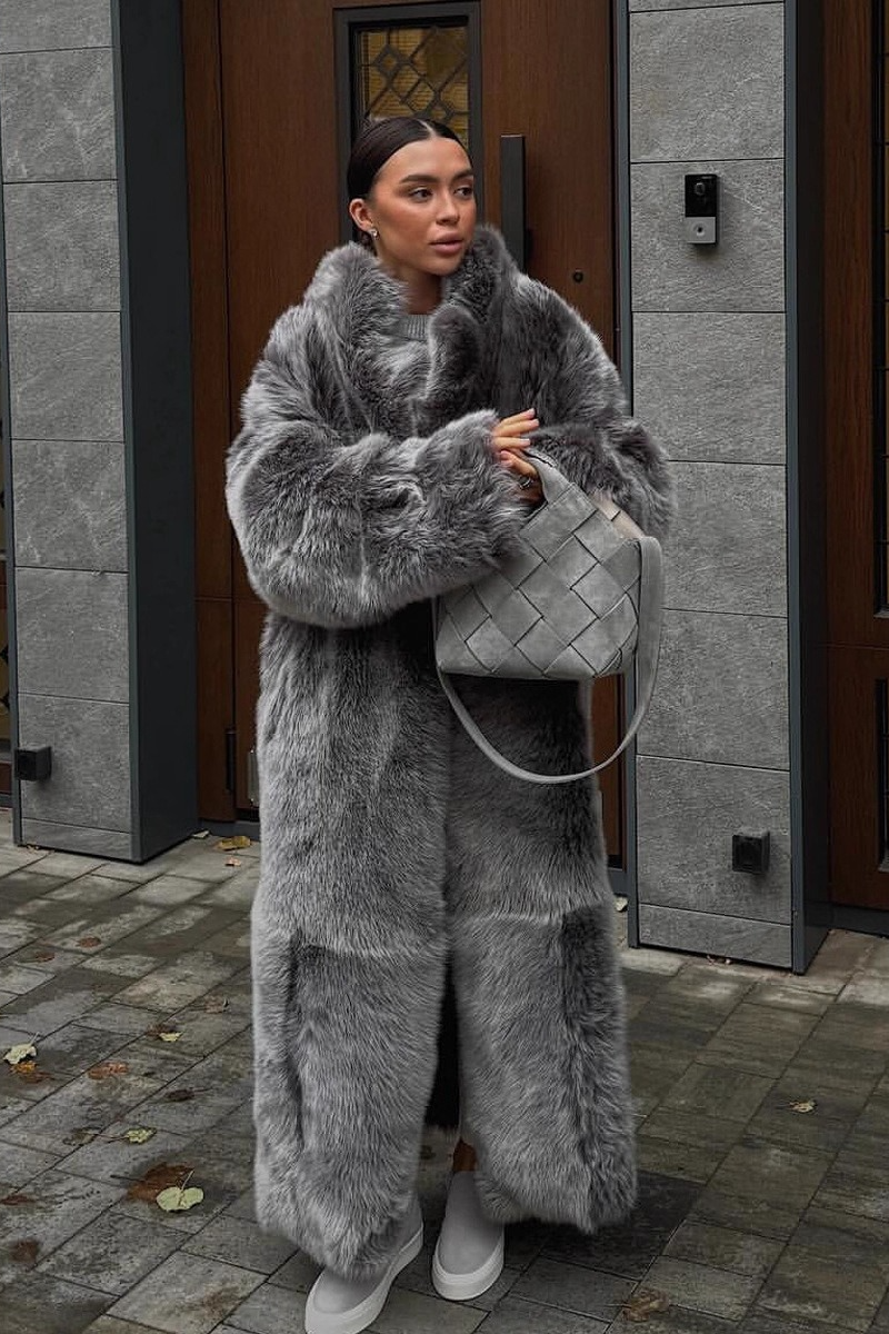 Long Eco Faux Fox Fur Plush Bicolor Overcoat - Fashionpara