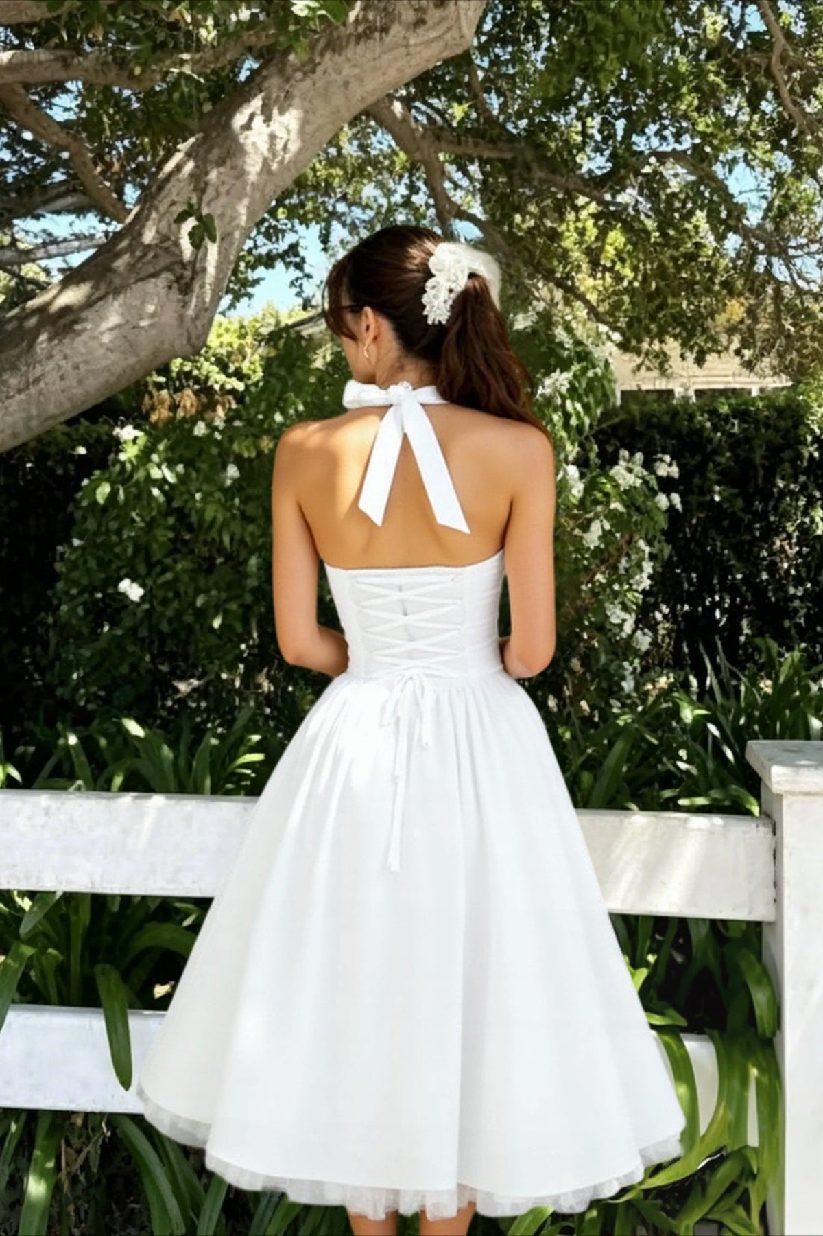 Halter Neck Basque Waist Fit and Flare Midi Dress 3