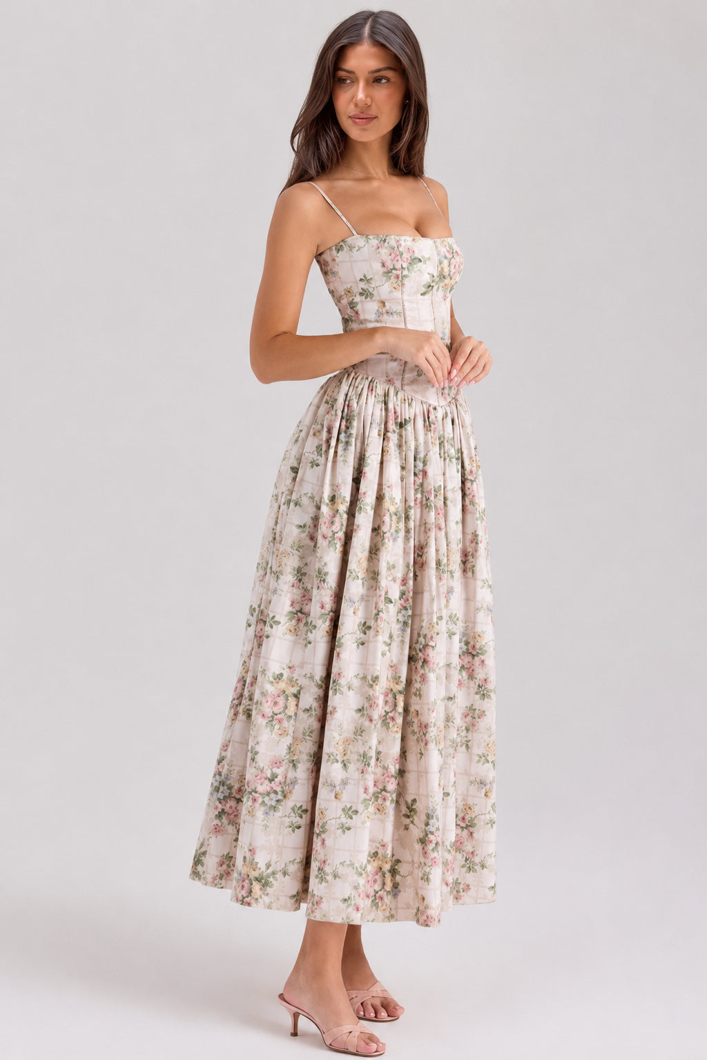 Floral Print Corset Drop Waist Full Skirt Maxi Dress