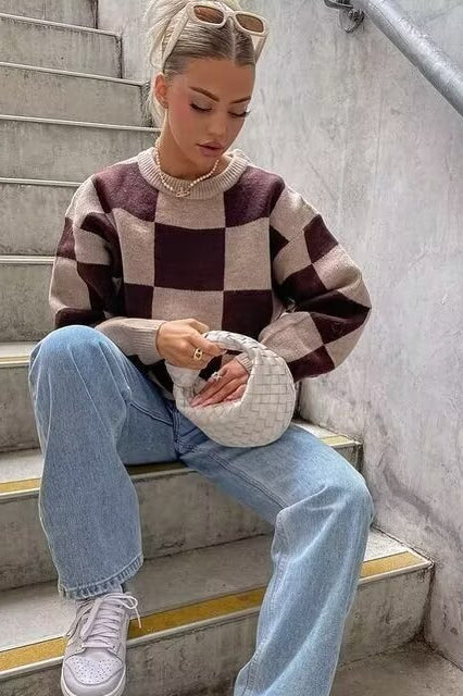 PrincessAce Checkerboard Knit Crewneck Long Sleeve Sweater