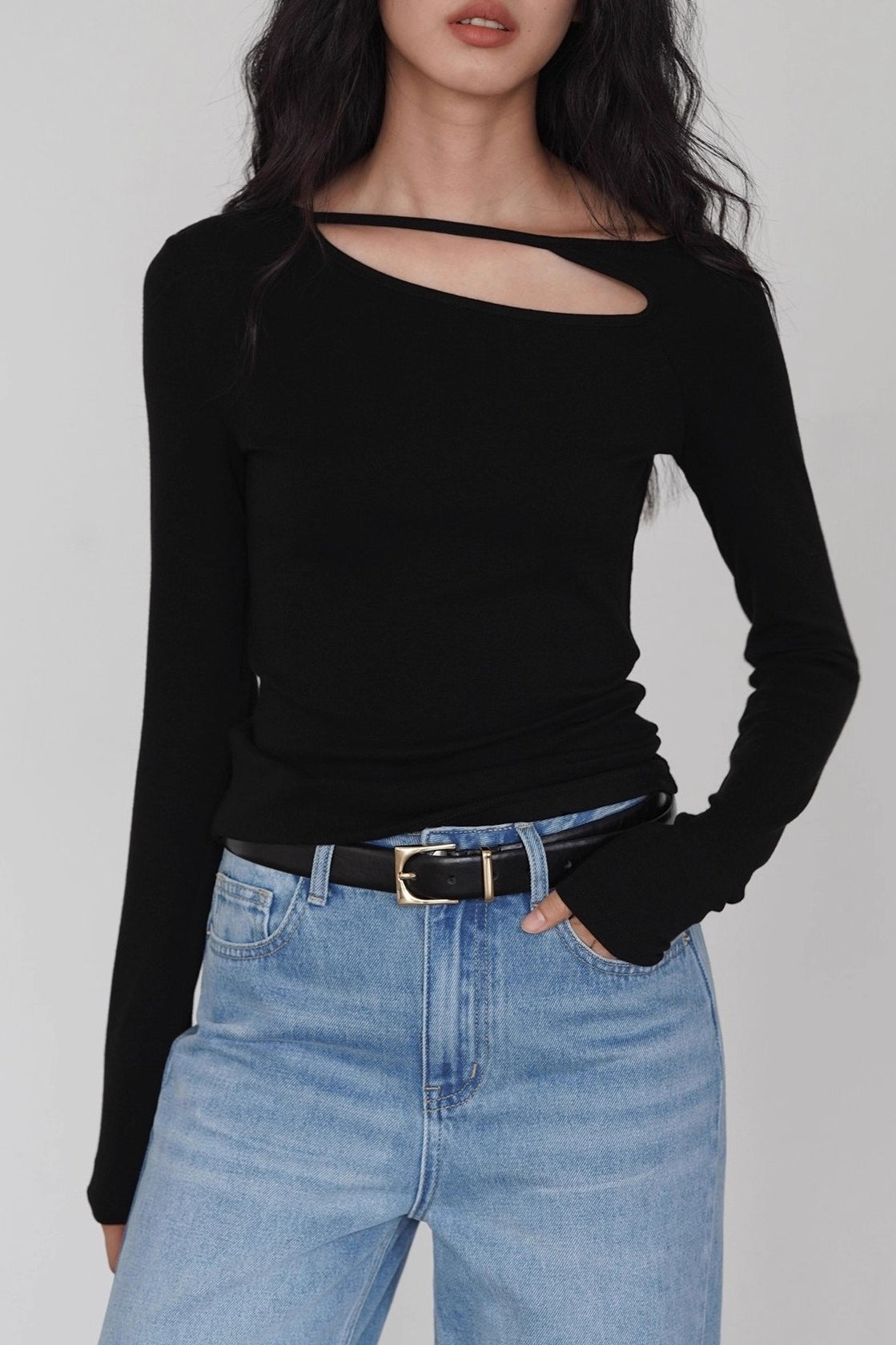 Asymmetric Cutout Slim Knit Top