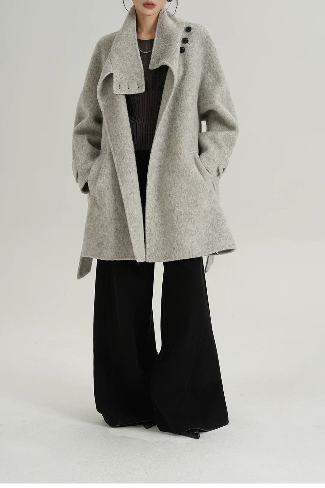 Solid Wool Warm Loose Mock-neck Coat 10