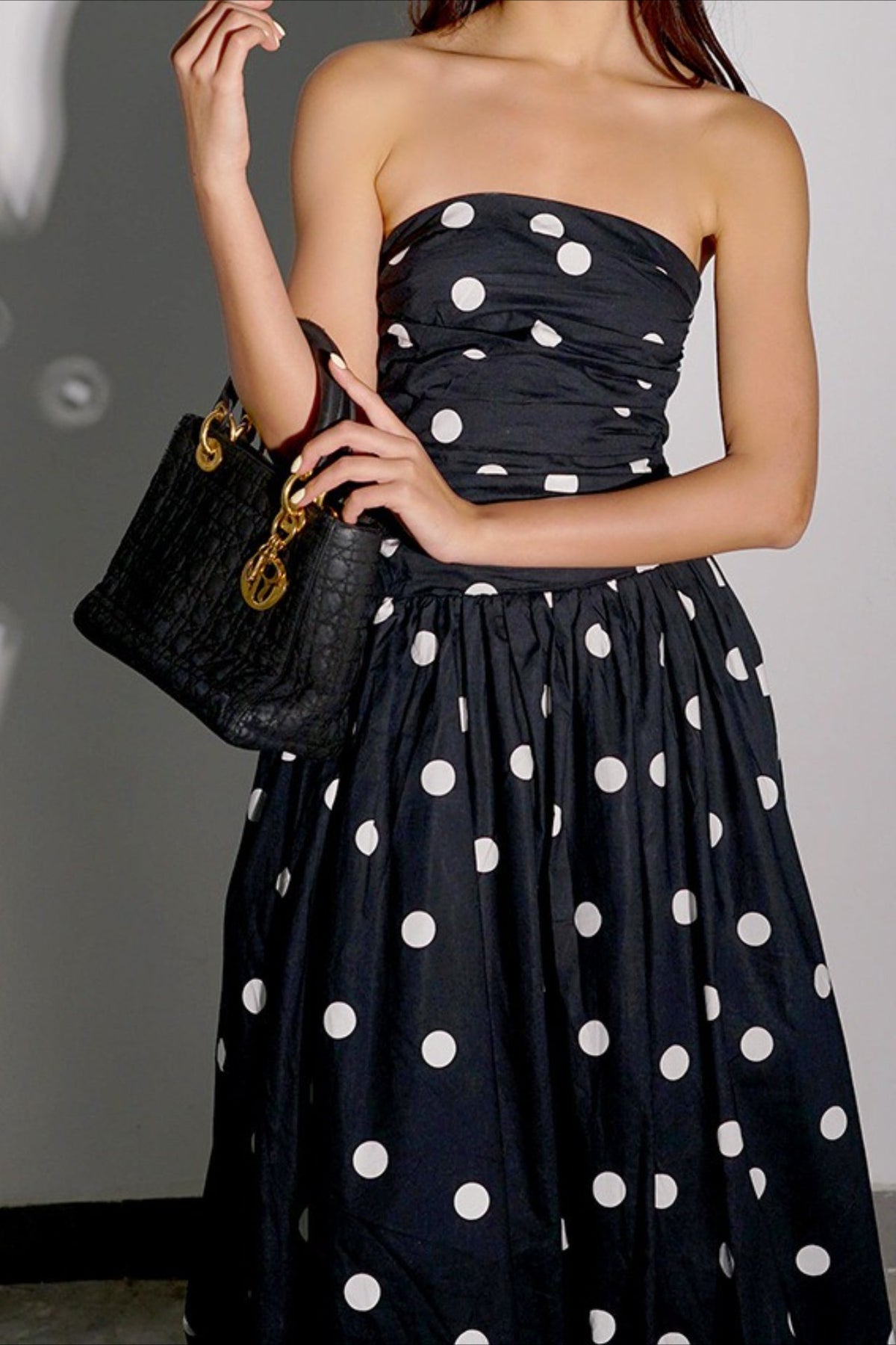 Polka Dot Strapless Ruched Midi Dress