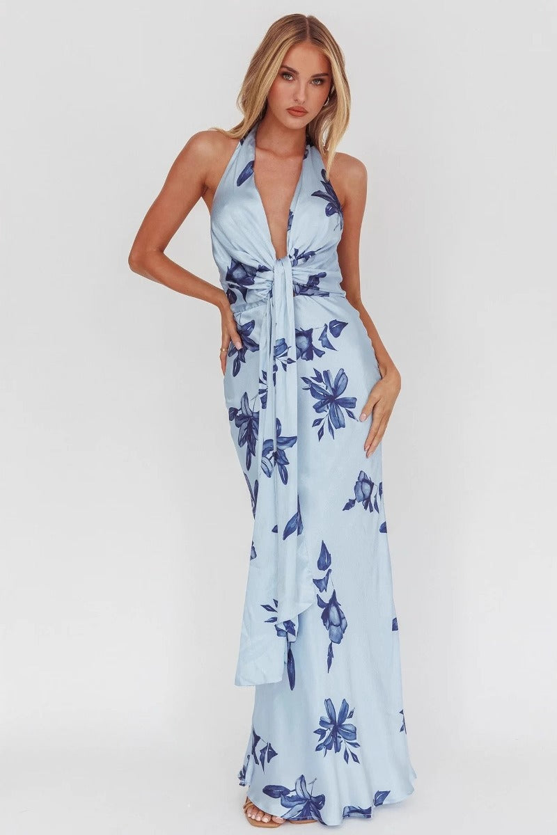 Floral Halter Neck Deep V-Neck Tie Front Maxi Dress 4