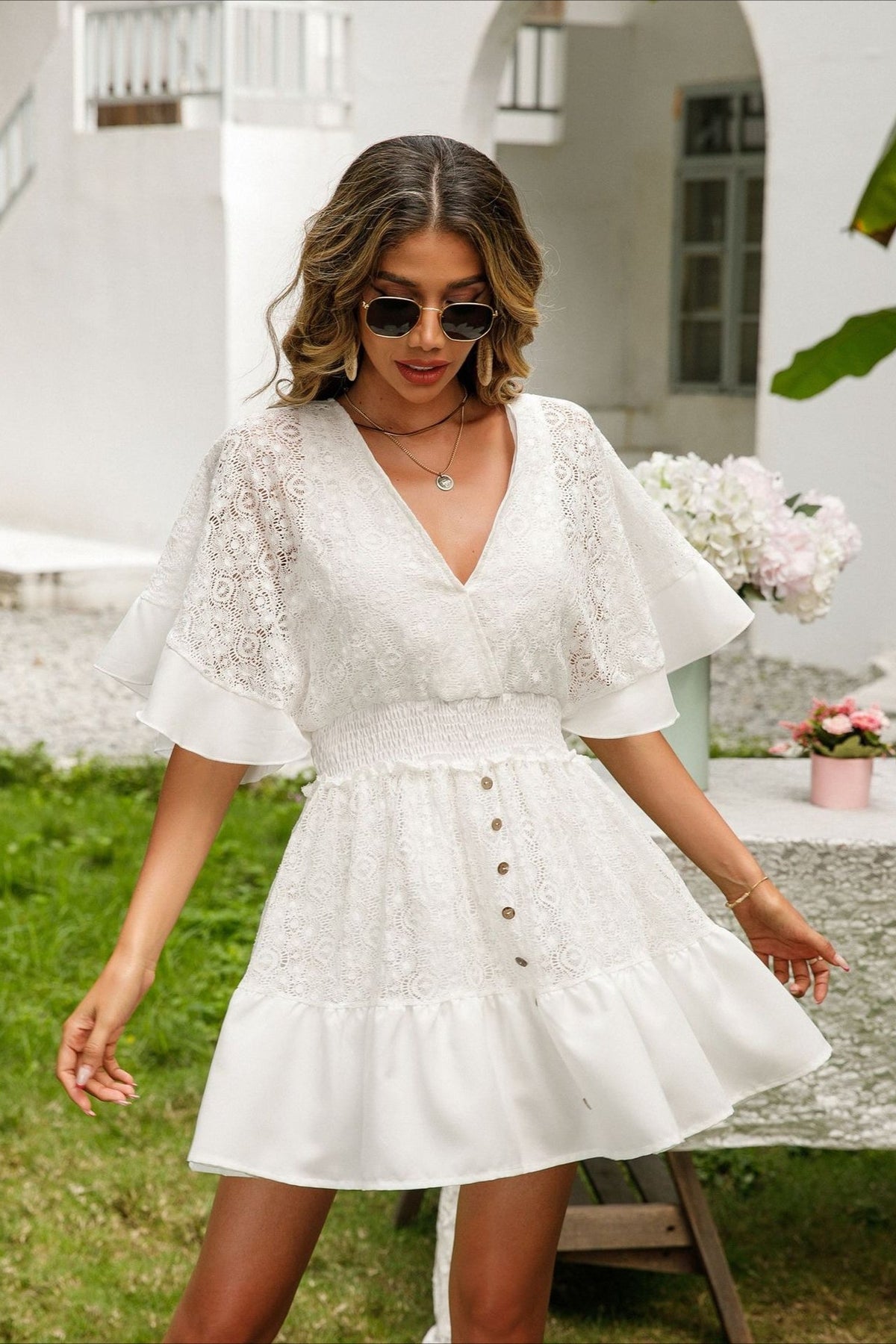 Lace V-Neck Flutter Sleeve Smocked Waist Tiered Ruffle Mini Dress