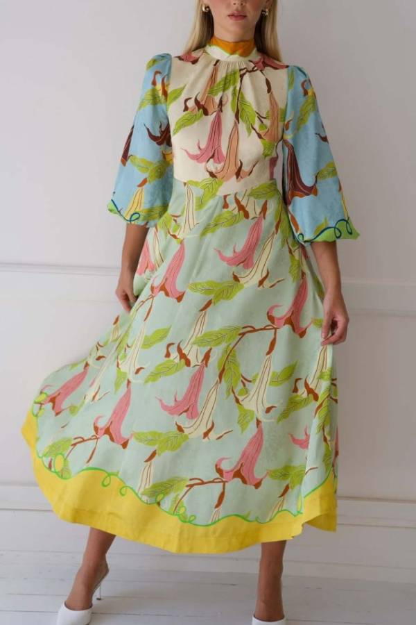 Unique Morning Glory Print Long Sleeve Midi Dress - Fashionpara