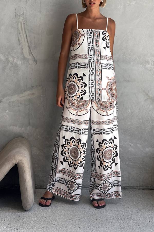 Unique Print Loose Casual Tank Top and Elastic Waist Wide Leg Straight Pants Set - Fashionpara