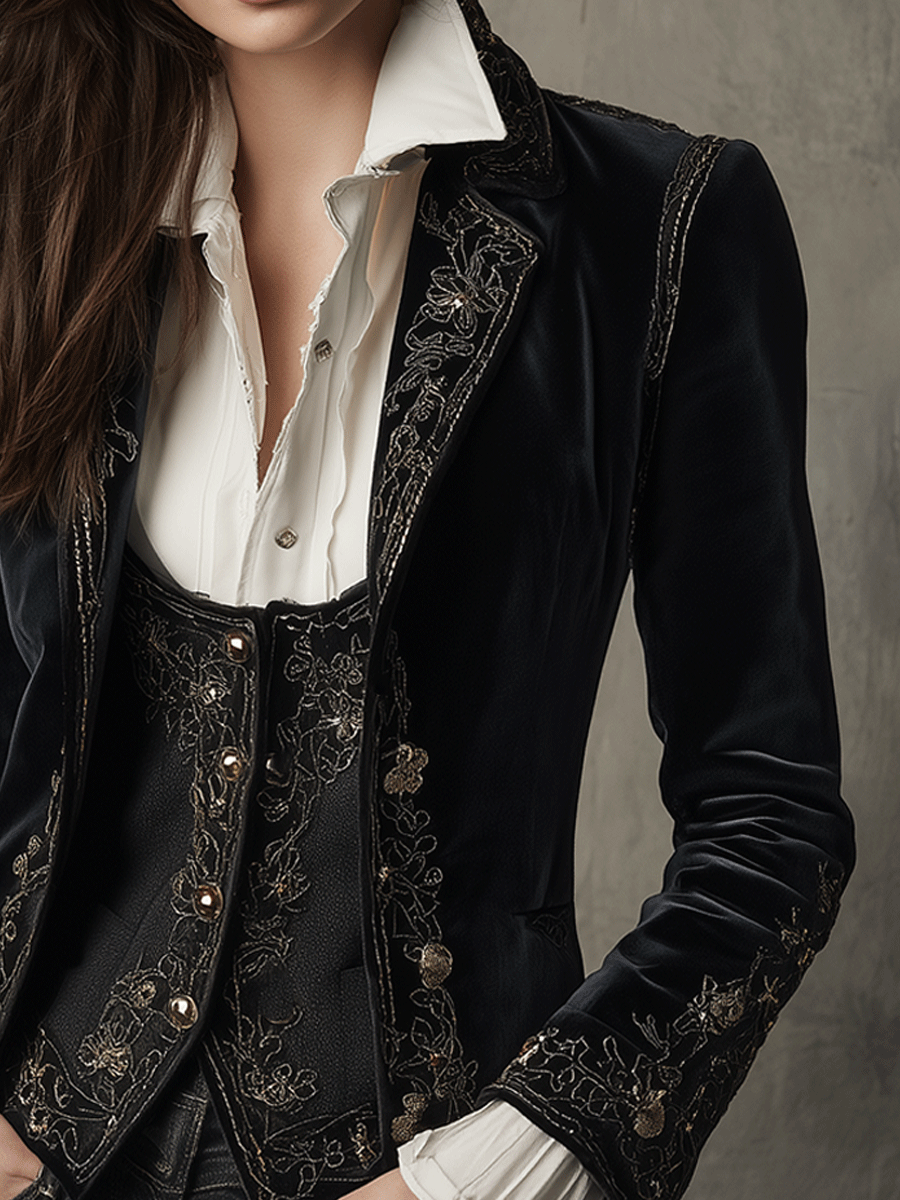 Velvet Embroidered Single Button Blazer 4