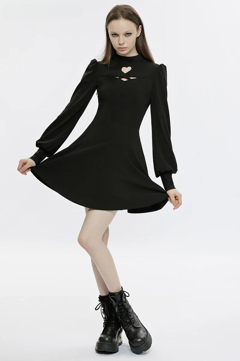 High Neck Puff Sleeve Heart Cutout Fit & Flare Mini Dress