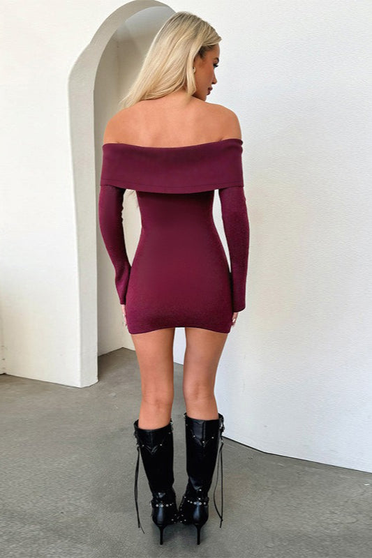 Off Shoulder Long Sleeve Foldover Bodycon Mini Dress
