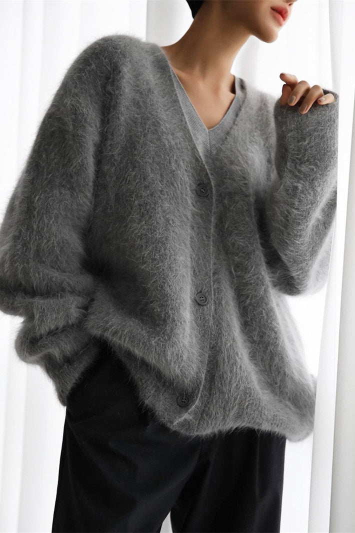V-Neck Fluffy Knit Cardigan Sweater 36