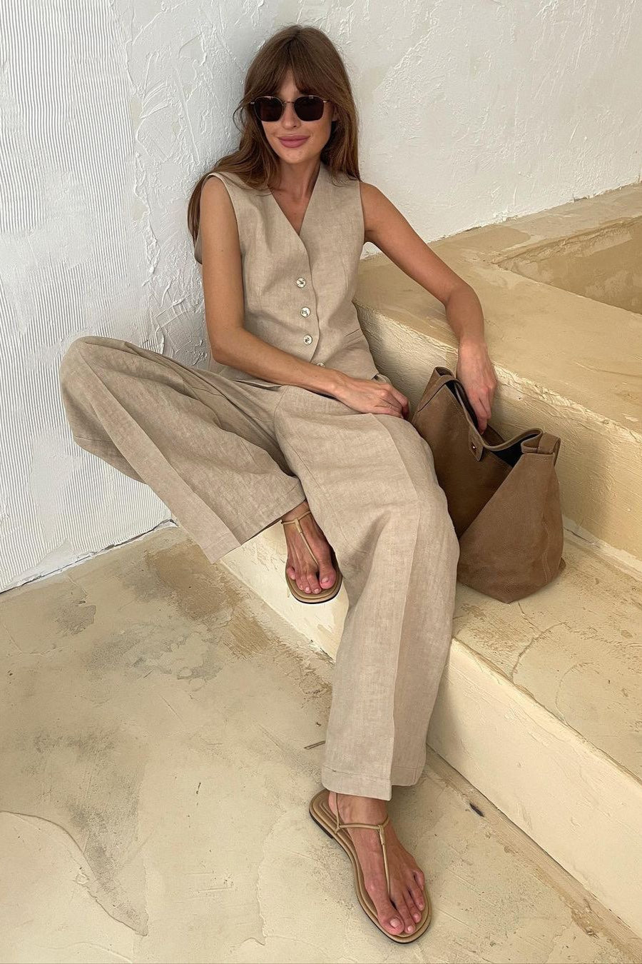 Button Vest Relaxed Low Rise Pants Set