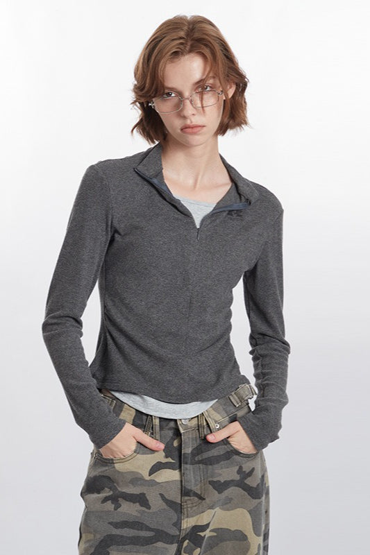 Mock Two-Piece Half-Zip Knit Top