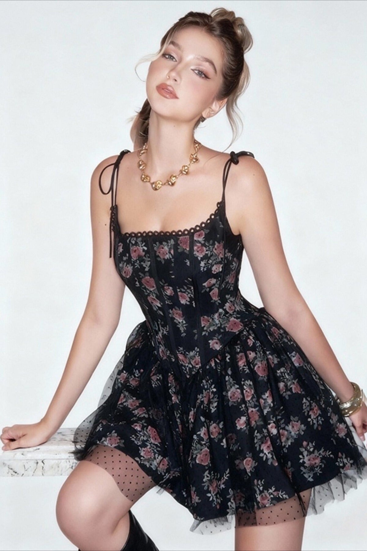 Floral Corset Lace Trim Fit and Flare Mini Dress 2