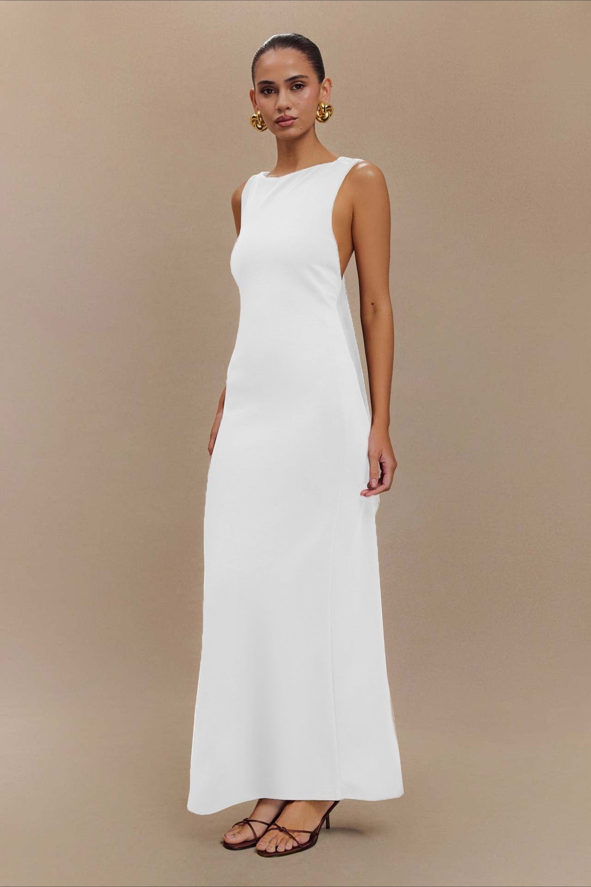 Crepe Knit Boat Neck Sleeveless Column Maxi Gown