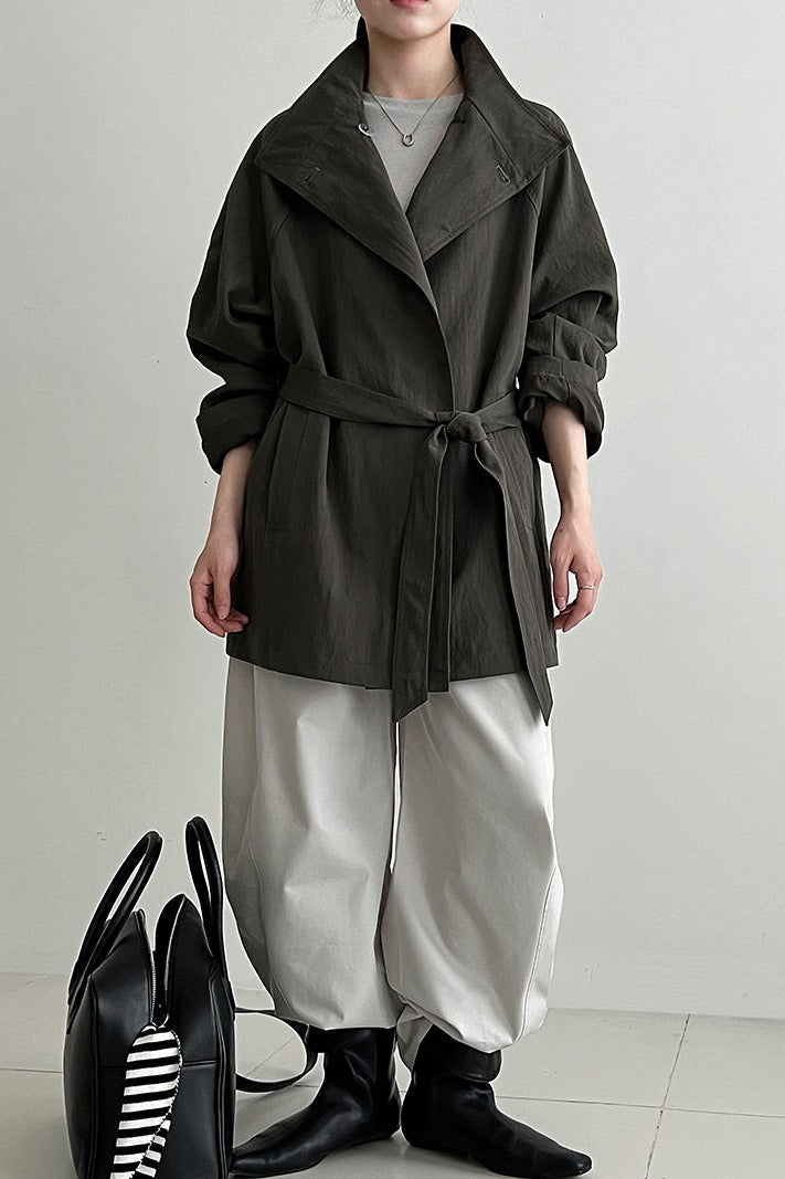 Sophisticated British-Style Mid-Length Stand-Collar Trench Coat