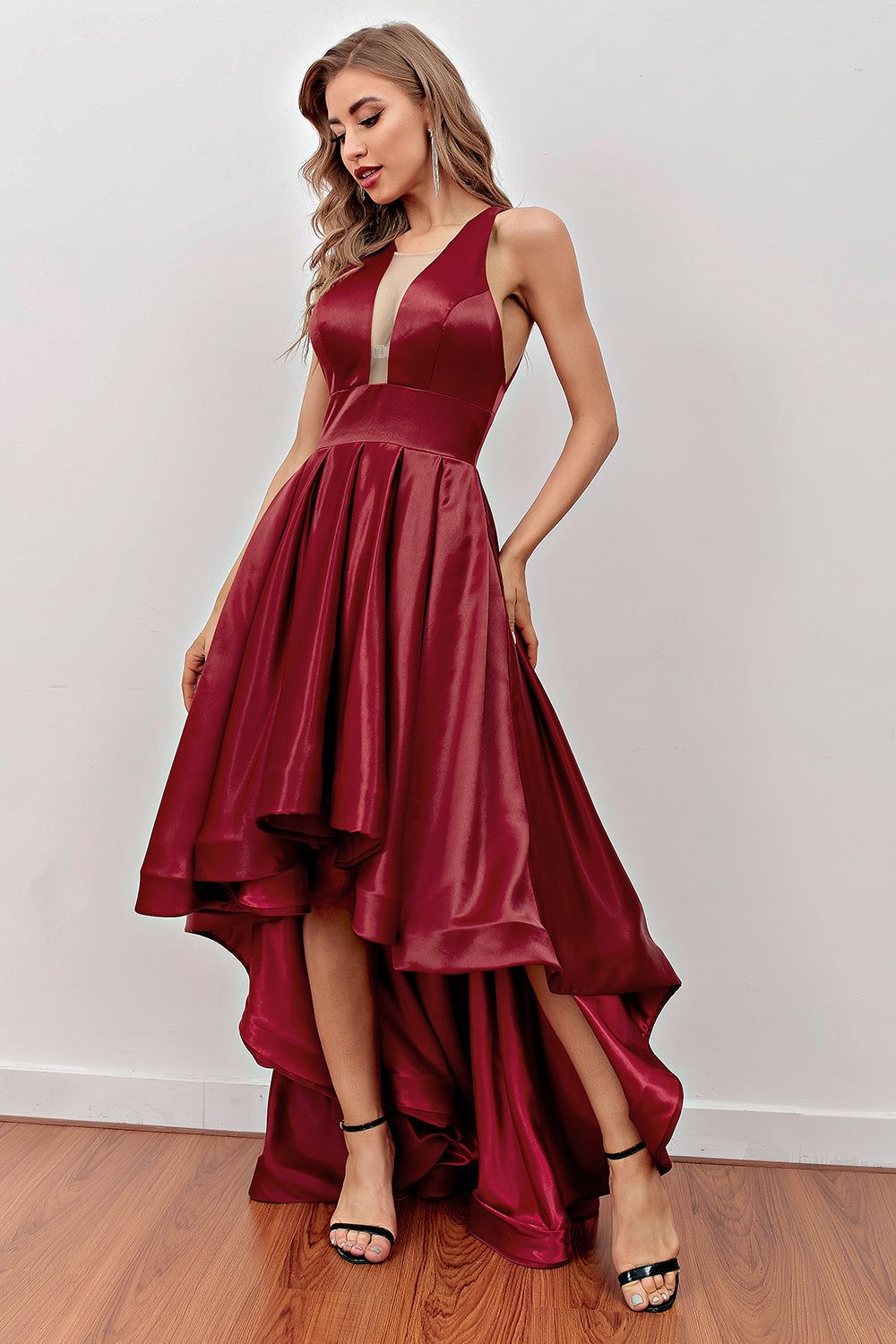 Burgundy High Low Prom Dress with Pockets - Fashionpara