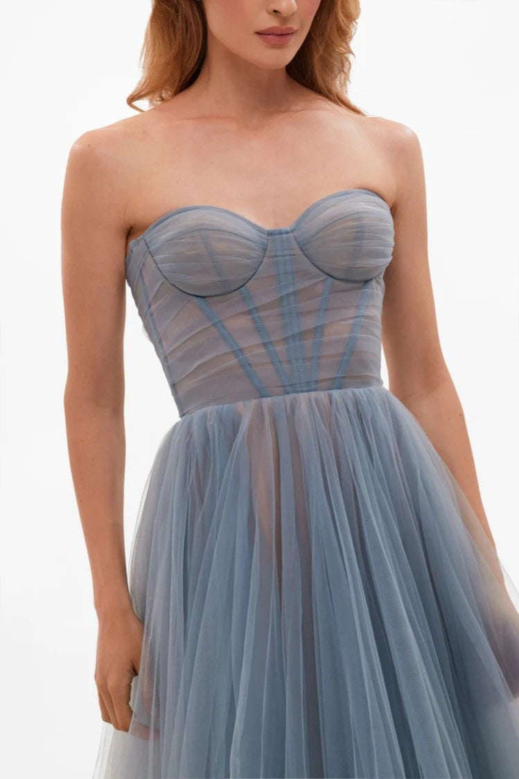 Tulle Off Shoulder Long Sleeve Corset A-Line Maxi Gown - View 3