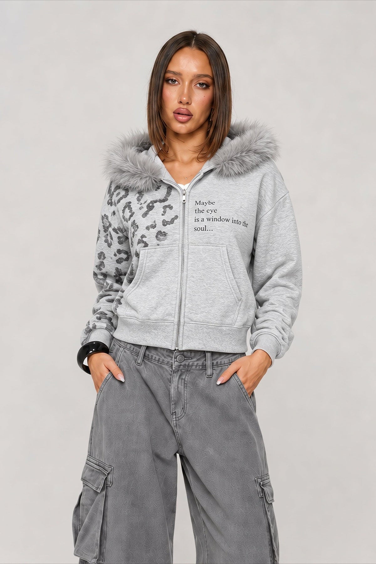 Faux Fur Leopard Panel Zip Front Hoodie
