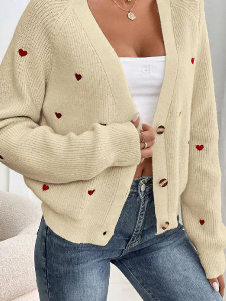 Heart Embroidery V-Neck Cardigan for Cozy Elegance