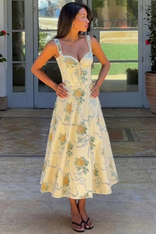Spaghetti Strap Print Pleated Floral Dress