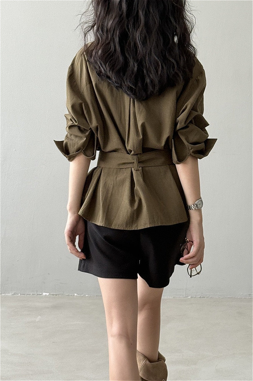 Vintage Waist Cinched Belted Long Sleeve Blouse