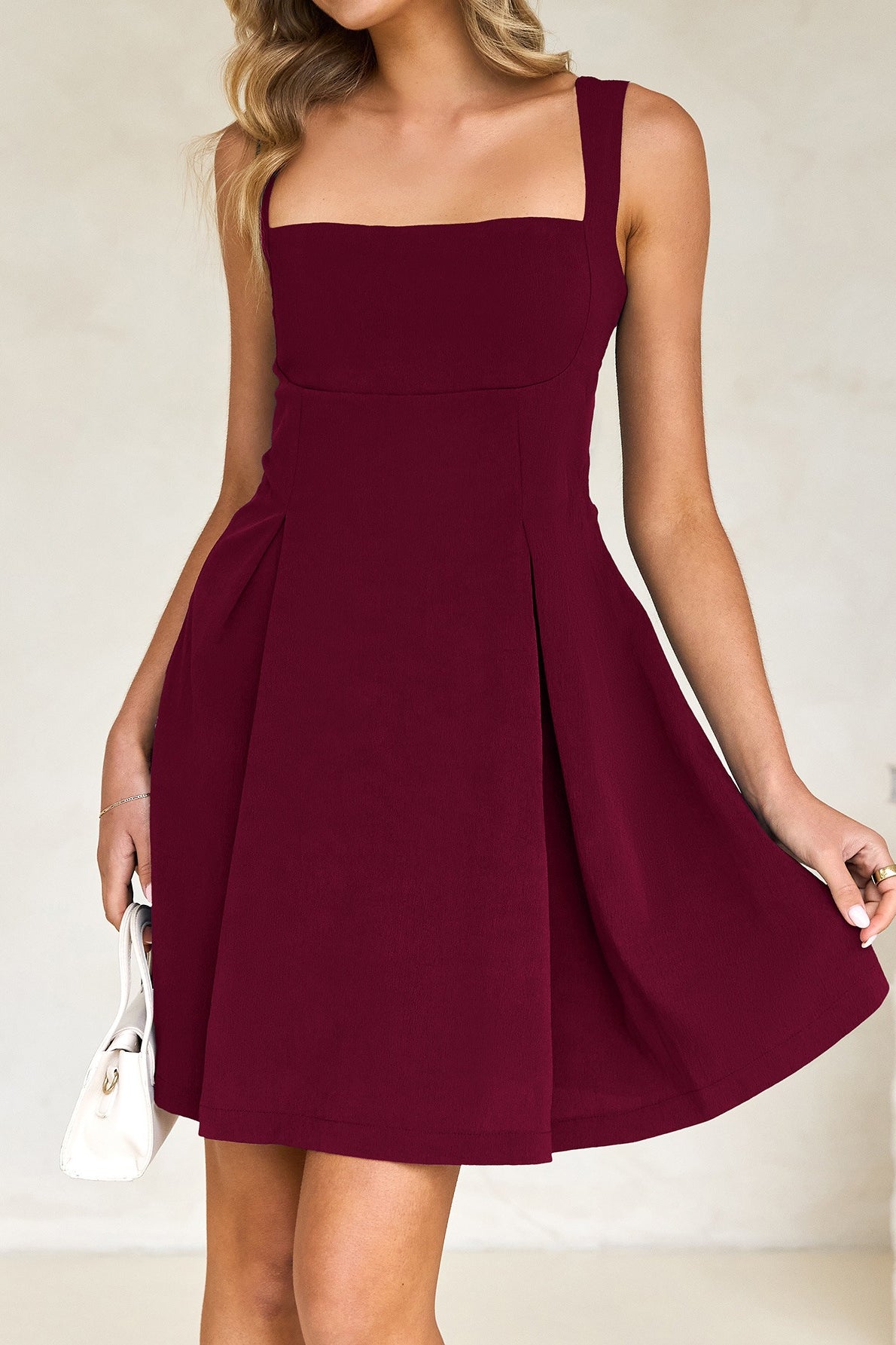 Square-Neck Sleeveless Pleated A-Line Mini Dress