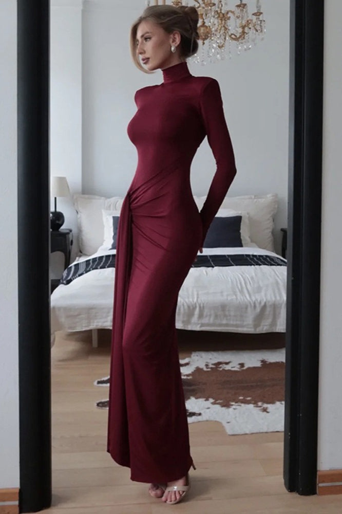 High Neck Long Sleeve Ruched High Split Maxi Dress 8