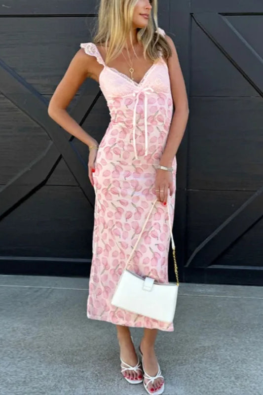 Printed Lace Halter Midi Dress