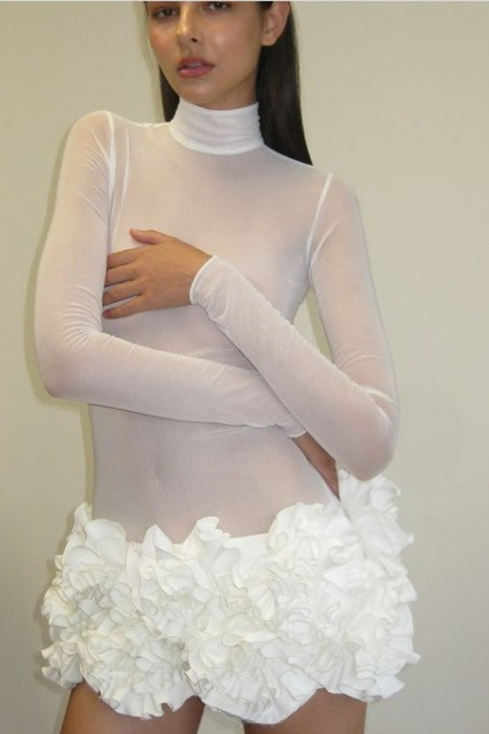 Mesh Mock Neck Long Sleeve Sheer Ruffle Tiered Mini Party Dress - View 3