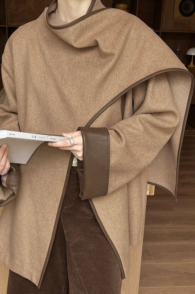 Color Block Cowl Neck Asymmetrical Coat