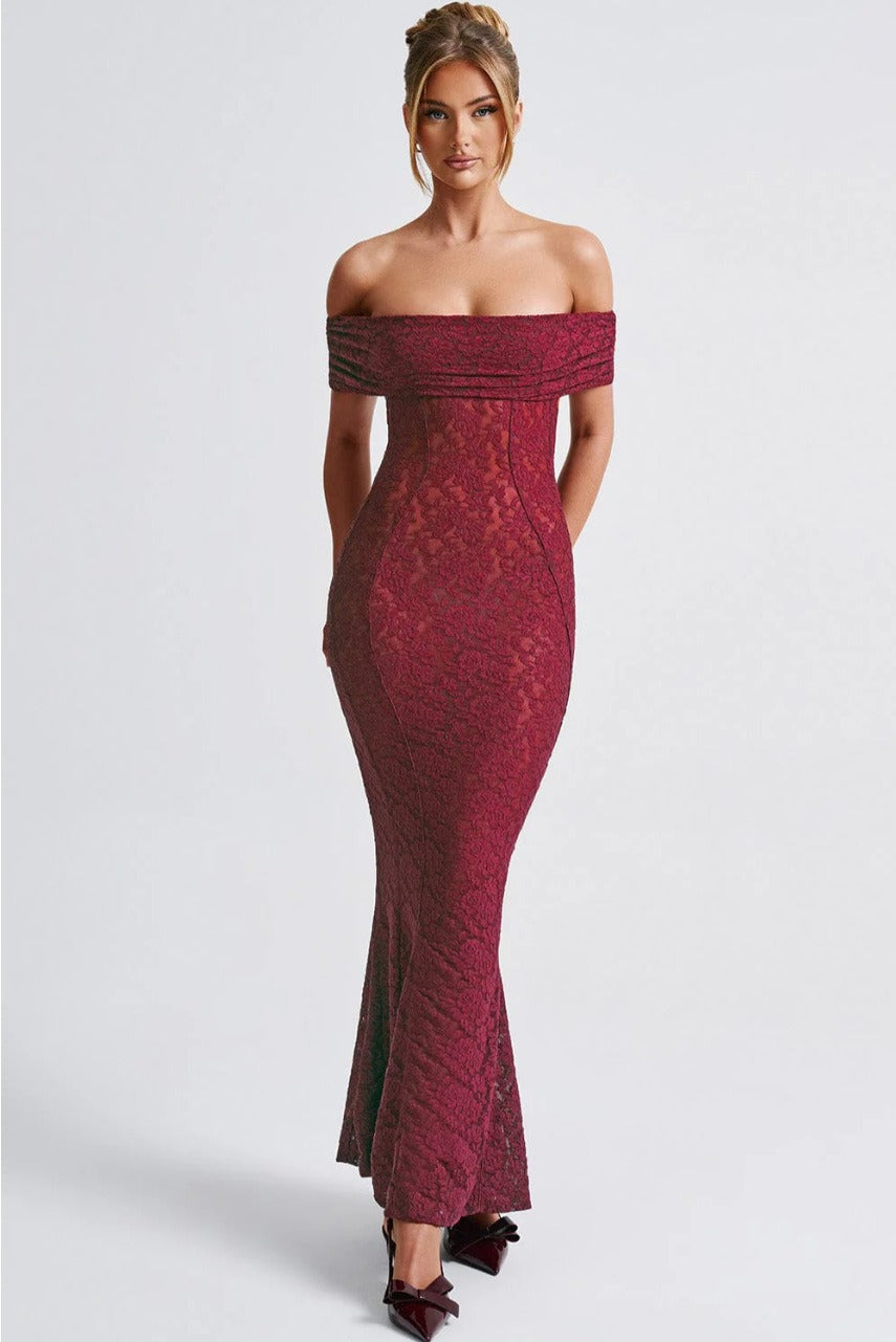 Sheer Floral Lace Off-Shoulder Mermaid Maxi Gown