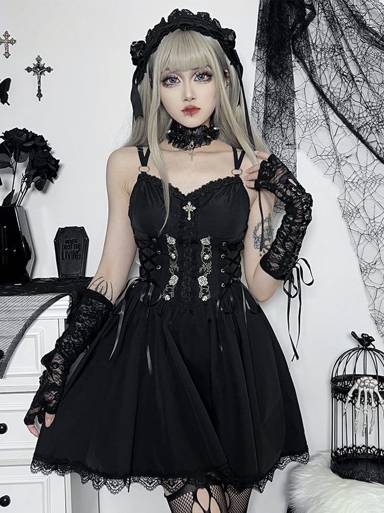 Lace Up Sweetheart Lace Trim Floral Embroidered A-Line Mini Dress