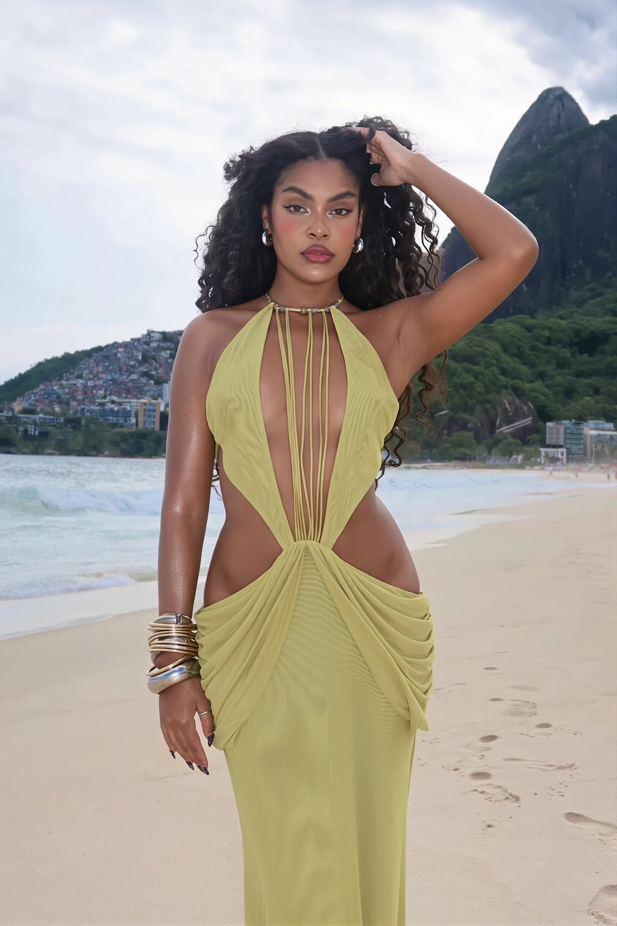 Halter Neck Plunge Cut Out High Split Maxi Gown 5