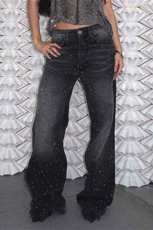 Sparkle Rhinestone Gradient High-Waisted Denim Jeans