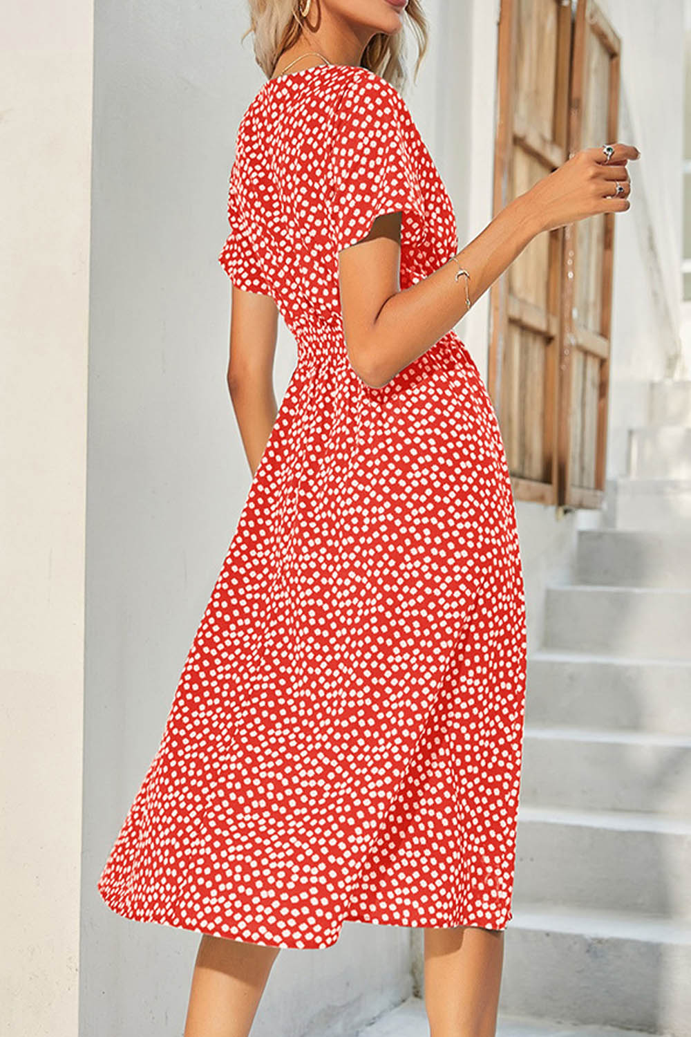 Polka Dot V Neck Short Sleeve Midi Dress - Fashionpara