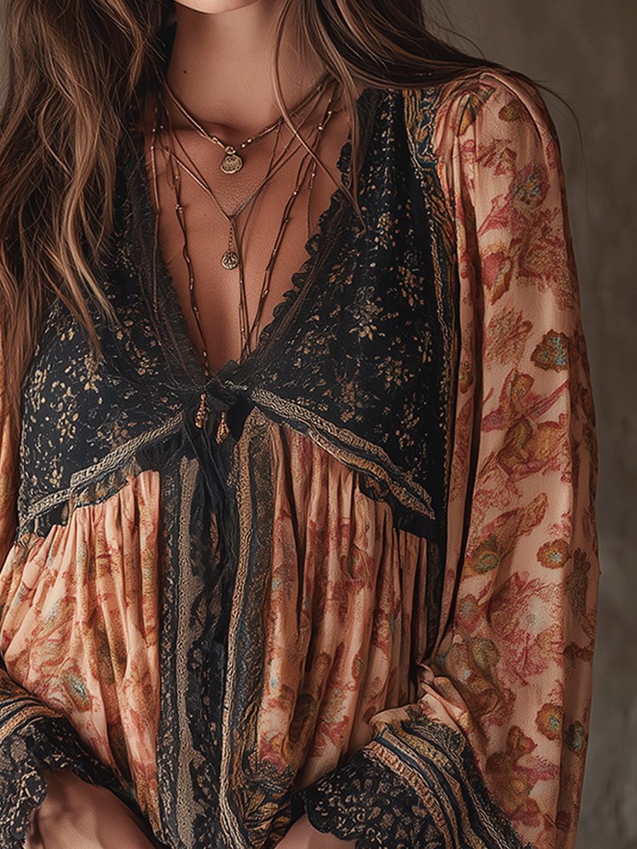 Bohemian Floral Lace Trim Blouse - Fashionpara