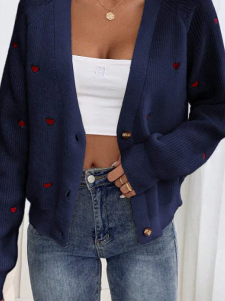 Heart Embroidery V-Neck Cardigan for Cozy Elegance