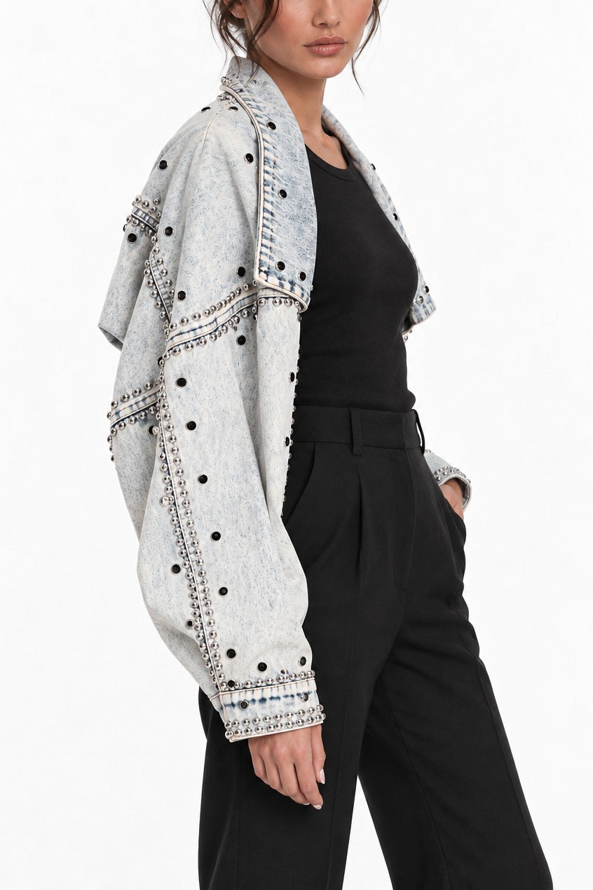 Rhinestone Studded Cropped Denim Jacket 3