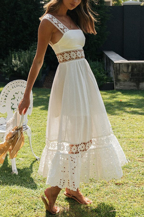 Square Neck Sleeveless Eyelet Lace Crochet Waist Midi Dress - View 5