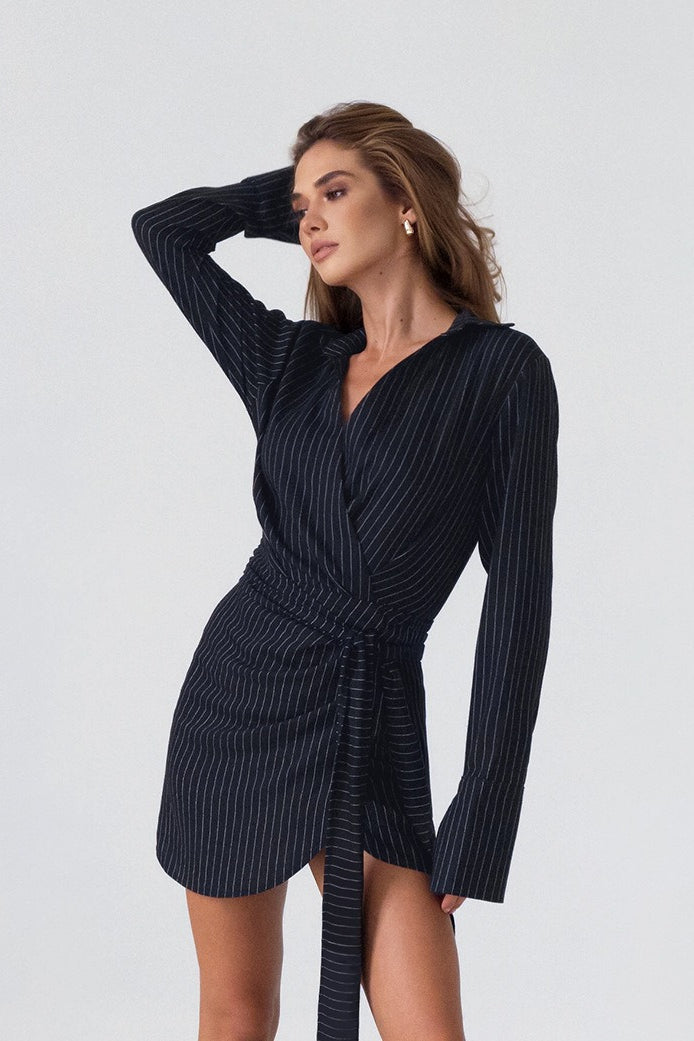V-Neck Striped Tie Waist Mini Dress