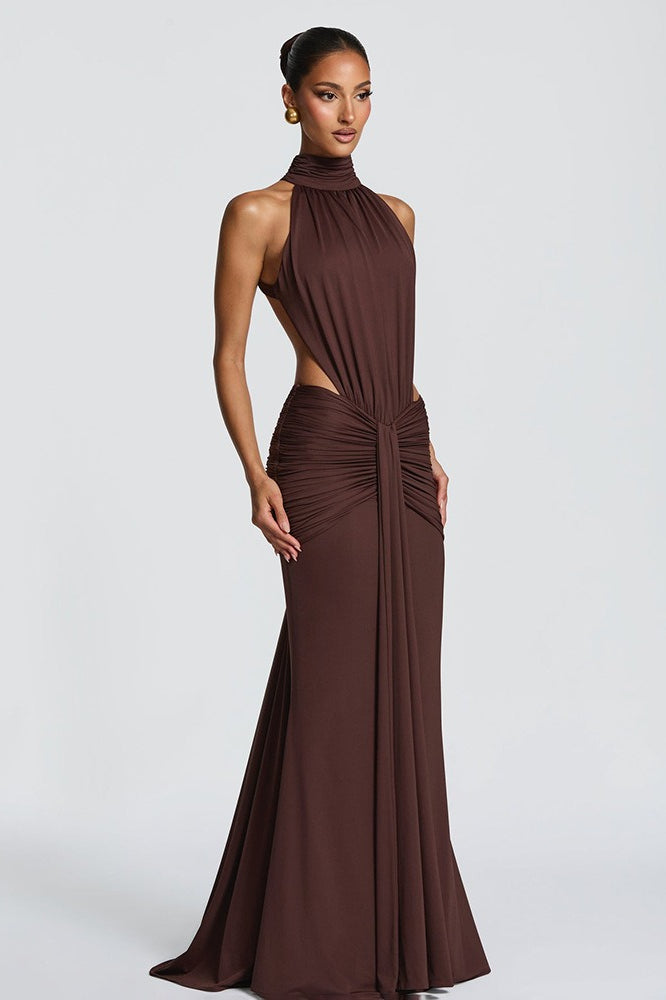 High Halter Neck Backless Ruched Mermaid Gown