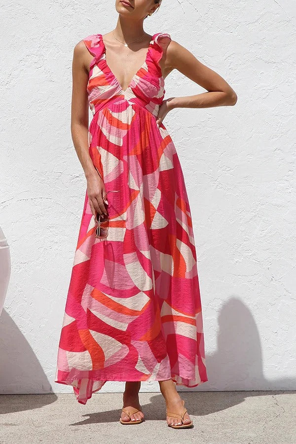 Unique Printed V-neck Ruffled Straps Pleated Back Maxi Dress - Fashionpara