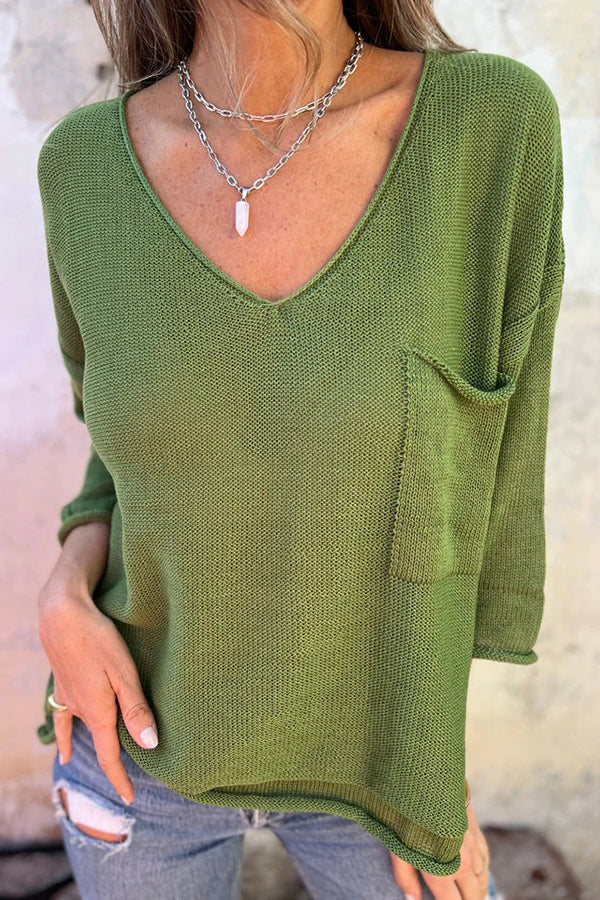 Cozy V-neck Knit Sweater with Pockets for Autumn and Winter
