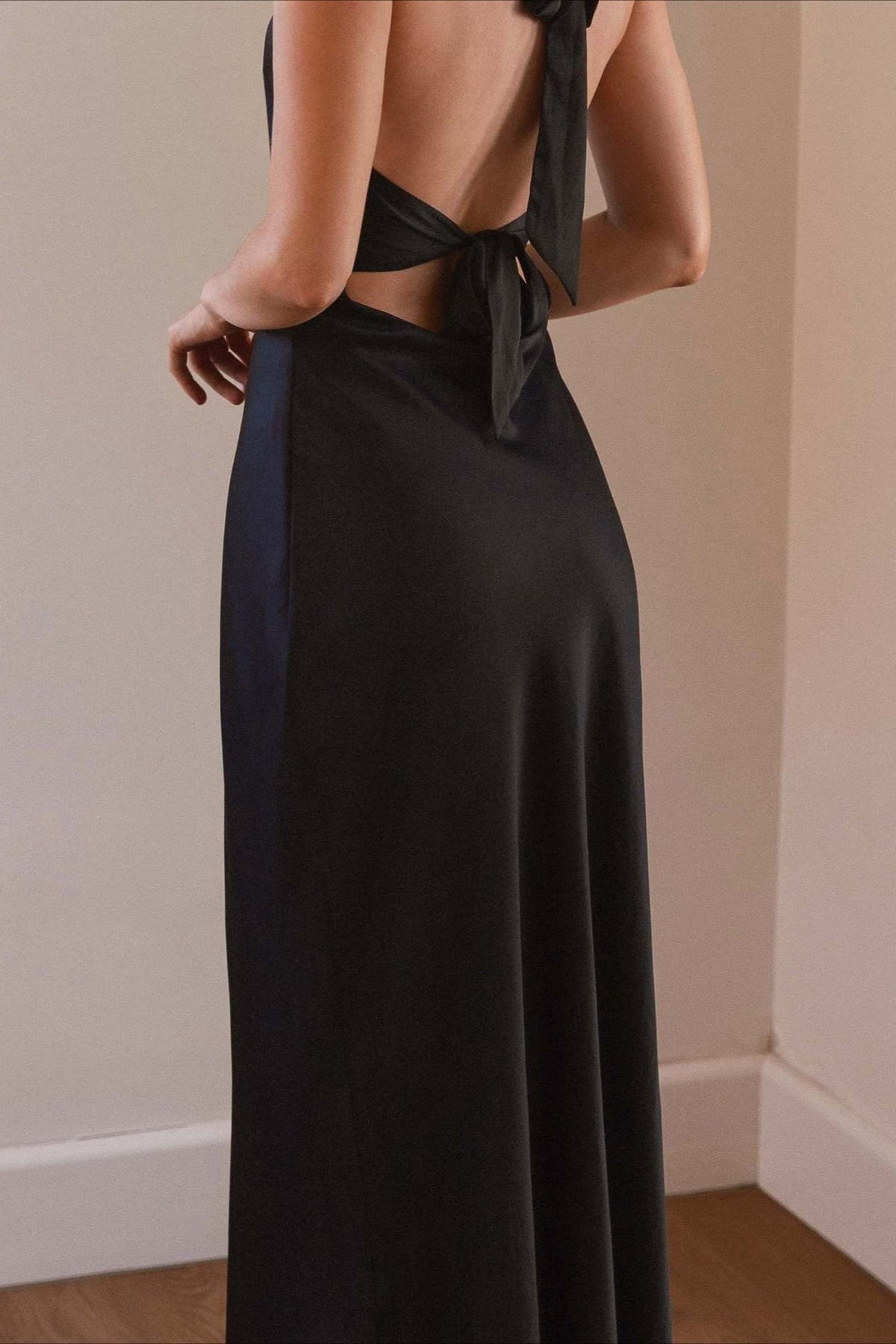 Satin Halter V-Neck Bias Cut Maxi Bridesmaid Gown