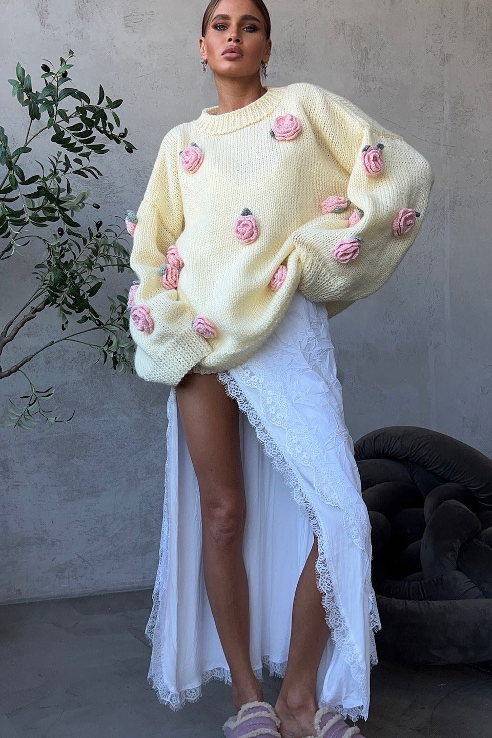 3D Floral Appliqué Knit Sweater