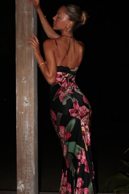 Floral Satin V-Neck Lace Trim Slip Maxi Dress