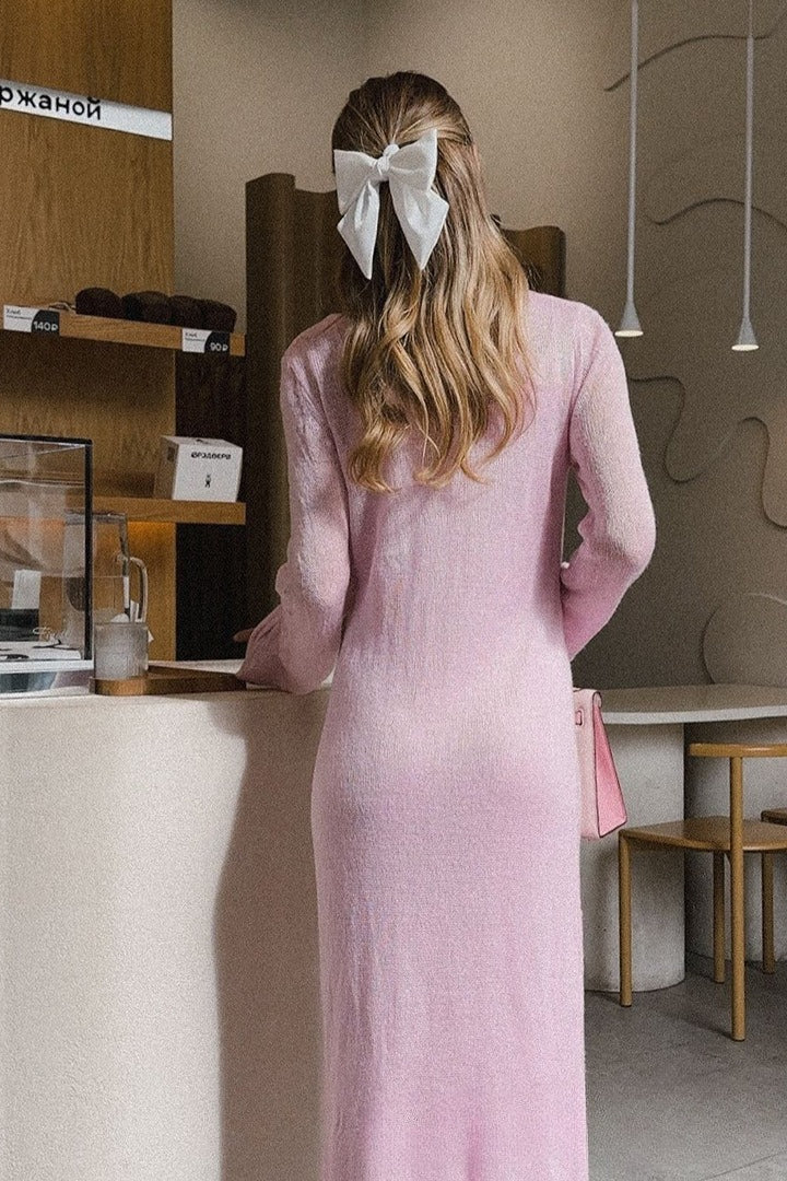 Hollow Out Pink Bodycon Knit Maxi Dress